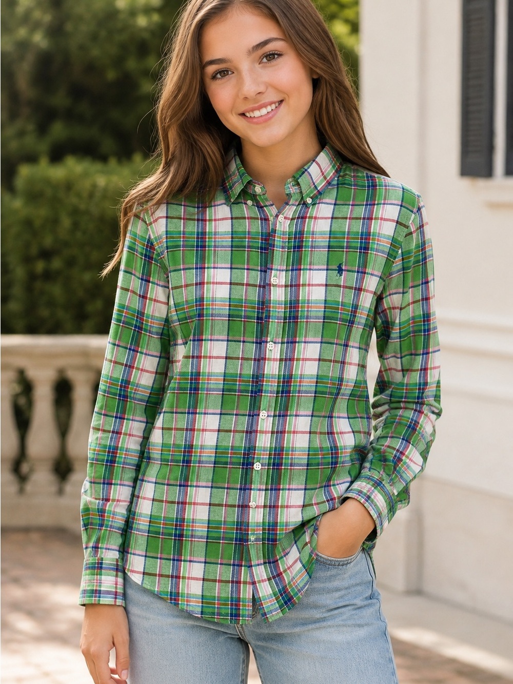 Ralph Lauren preppy Girls XL 18-20 Green Plaid Linen Blend Button Down Shirt